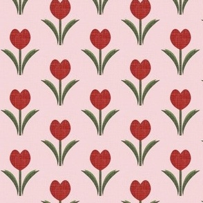 Small  scale valentines red heart tulip  with textured organic details in baby pink, cool red and olive green - for home decor, nursery accessories and kids apparel.