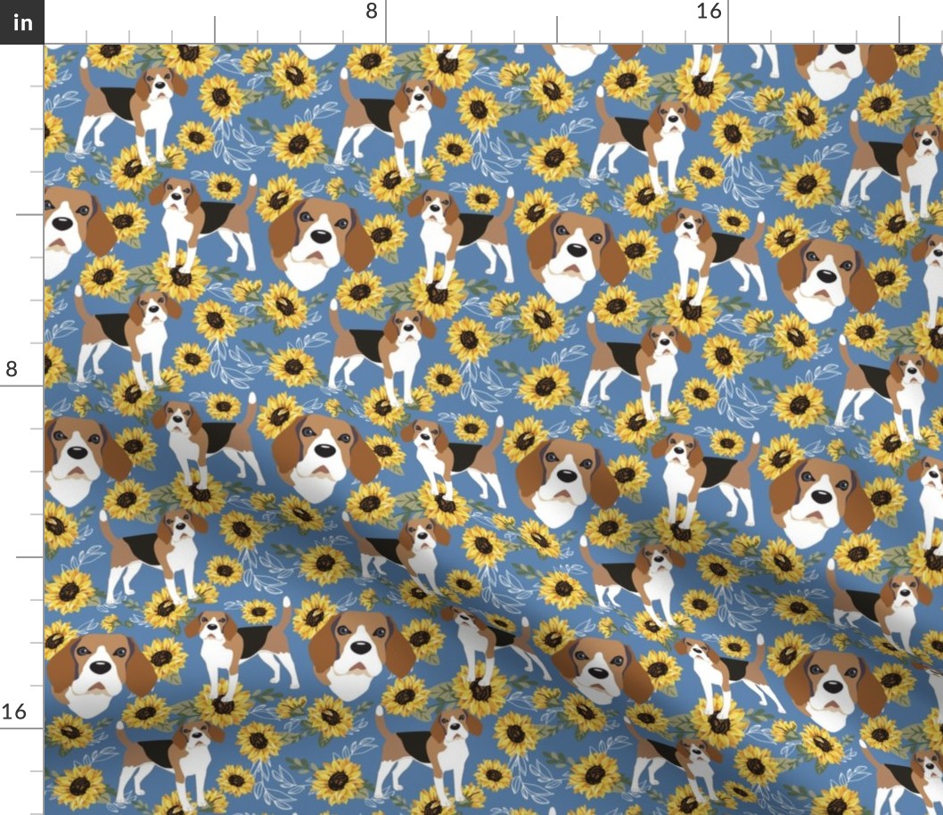 Beagle Dog Puppy Yellow Sunflowers Blue Denim Floral dog fabric cute dog