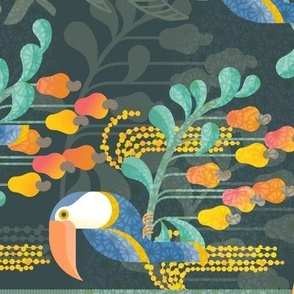 Toucans in the Rainforest- Dark- Lush Tropical Forest- Exotict Birds- Tropical Fruit-  Moody Damask- Olive Green- Orange- Blue- Yellow- Mint- Large- Rotated