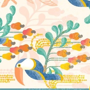 Toucans in the Rainforest- Light- Lush Tropical Forest- Exotict Birds- Tropical Fruit-  Moody Damask- Soft Orange- Coral- Salmon- Pastel Bright- Yellow- Mint Blue- Large- Rotated