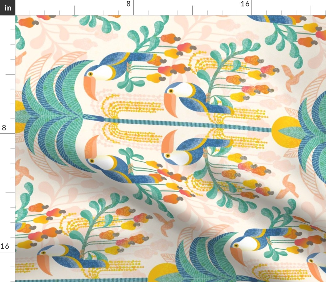 Toucans in the Rainforest- Light- Lush Tropical Forest- Exotict Birds- Tropical Fruit-  Moody Damask- Soft Orange- Coral- Salmon- Pastel Bright- Yellow- Mint Blue- Large- Rotated