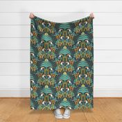Toucans in the Rainforest- Dark- Lush Tropical Forest Wallpaper- Exotic Birds- Tropical Fruit-  Moody Damask- Olive Green- Orange- Blue- Yellow- Mint- Boho Wallpaper Extra Large