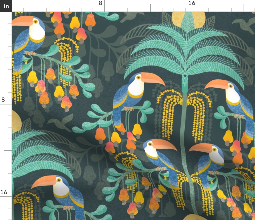 Toucans in the Rainforest- Dark- Lush Tropical Forest Wallpaper- Exotic Birds- Tropical Fruit-  Moody Damask- Olive Green- Orange- Blue- Yellow- Mint- Boho Wallpaper Extra Large