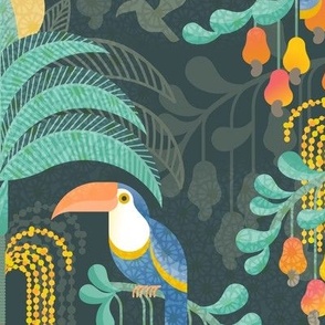 Toucans in the Rainforest- Dark- Lush Tropical Forest- Exotic Birds- Tropical Fruit-  Moody Damask- Olive Green- Orange- Blue- Yellow- Mint- Boho Wallpaper- Large