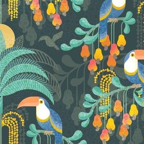 Toucans in the Rainforest- Dark- Lush Tropical Forest- Exotic Birds- Tropical Fruit-  Moody Damask- Olive Green- Orange- Blue- Yellow- Mint-Boho Wallpaper- Medium