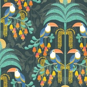 Toucans in the Rainforest- Dark- Lush Tropical Forest- Exotic Birds- Tropical Fruit-  Moody Damask- Olive Green- Orange- Blue- Yellow- Mint-Boho Wallpaper- Small