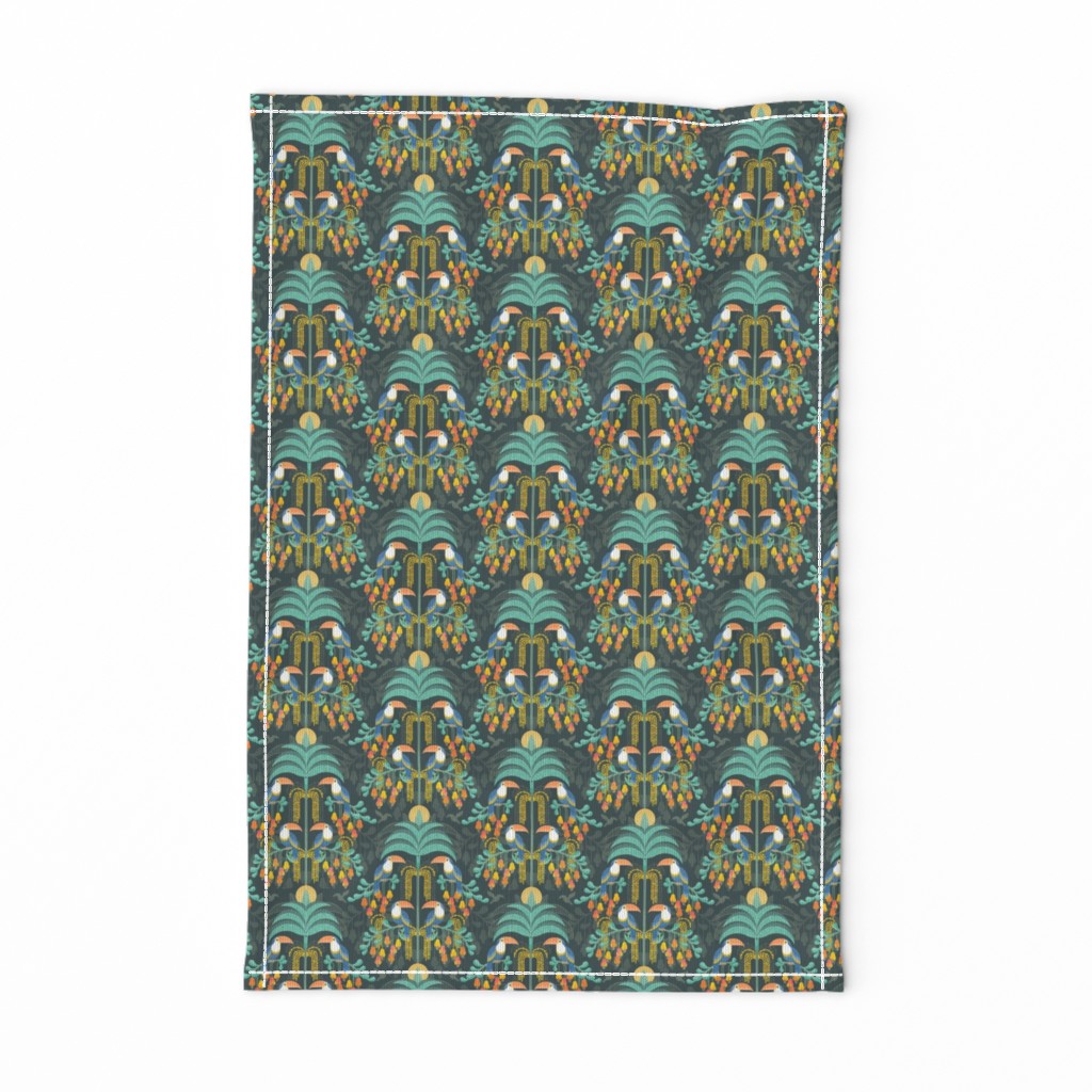 Toucans in the Rainforest- Dark- Lush Tropical Forest- Exotic Birds- Tropical Fruit- Moody Damask- Olive Green- Orange- Blue- Yellow- Mint- Boho Wallpaper- Mini