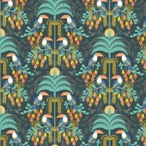 Toucans in the Rainforest- Dark- Lush Tropical Forest- Exotic Birds- Tropical Fruit- Moody Damask- Olive Green- Orange- Blue- Yellow- Mint- Boho Wallpaper- Mini