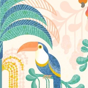 Toucans in the Rainforest- Light- Lush Tropical Forest- Exotic Birds- Tropical Fruit-  Moody Damask- Soft Orange- Coral- Salmon- Bright Pastel Boho Wallpaper- Yellow- Mint Blue- Extra Large