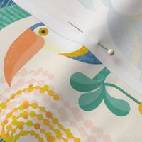 Toucans in the Rainforest- Light- Lush Tropical Forest- Exotic Birds- Tropical Fruit-  Moody Damask- Soft Orange- Coral- Salmon- Bright Pastel Boho Wallpaper- Yellow- Mint Blue- Large