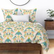 Toucans in the Rainforest- Light- Lush Tropical Forest- Exotic Birds- Tropical Fruit-  Moody Damask- Soft Orange- Coral- Salmon- Bright Pastel Boho Wallpaper- Yellow- Mint Blue- Large