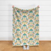 Toucans in the Rainforest- Light- Lush Tropical Forest- Exotic Birds- Tropical Fruit-  Moody Damask- Soft Orange- Coral- Salmon- Bright Pastel Boho Wallpaper- Yellow- Mint Blue- Large