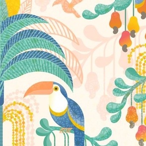 Toucans in the Rainforest- Light- Lush Tropical Forest- Exotic Birds- Tropical Fruit-  Moody Damask- Soft Orange- Coral- Salmon- Bright Pastel Boho Wallpaper- Yellow- Mint Blue- Large