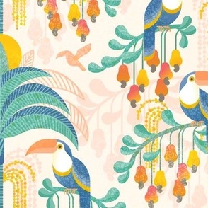 Toucans in the Rainforest- Light- Lush Tropical Forest- Exotic Birds- Tropical Fruit-  Moody Damask- Soft Orange- Coral- Salmon- Bright Pastel Boho Wallpaper- Yellow- Mint Blue- Medium