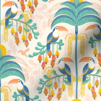 Toucans in the Rainforest- Light- Lush Tropical Forest- Exotic Birds- Tropical Fruit-  Moody Damask- Soft Orange- Coral- Salmon- Bright Pastel Boho Wallpaper- Yellow- Mint Blue- Small