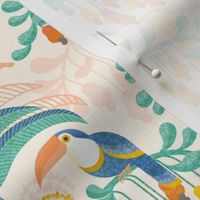 Toucans in the Rainforest- Light- Lush Tropical Forest- Exotic Birds- Tropical Fruit-  Moody Damask- Soft Orange- Coral- Salmon- Bright Pastel Boho Wallpaper- Yellow- Mint Blue- Small