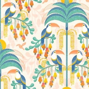 Toucans in the Rainforest- Light- Lush Tropical Forest- Exotic Birds- Tropical Fruit-  Moody Damask- Soft Orange- Coral- Salmon- Bright Pastel Boho Wallpaper- Yellow- Mint Blue- Small