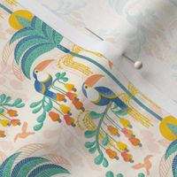 Toucans in the Rainforest- Light- Lush Tropical Forest- Exotic Birds- Tropical Fruit-  Moody Damask- Soft Orange- Coral- Salmon- Bright Pastel Boho Wallpaper- Yellow- Mint Blue- Mini