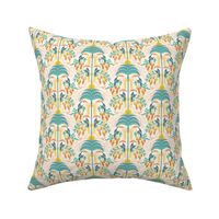 Toucans in the Rainforest- Light- Lush Tropical Forest- Exotic Birds- Tropical Fruit-  Moody Damask- Soft Orange- Coral- Salmon- Bright Pastel Boho Wallpaper- Yellow- Mint Blue- Mini