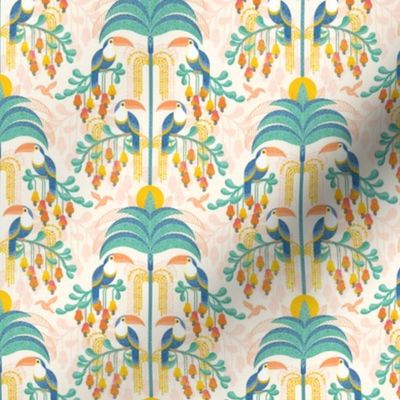 Toucans in the Rainforest- Light- Lush Tropical Forest- Exotic Birds- Tropical Fruit-  Moody Damask- Soft Orange- Coral- Salmon- Bright Pastel Boho Wallpaper- Yellow- Mint Blue- Mini