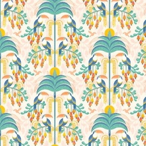 Toucans in the Rainforest- Light- Lush Tropical Forest- Exotic Birds- Tropical Fruit-  Moody Damask- Soft Orange- Coral- Salmon- Bright Pastel Boho Wallpaper- Yellow- Mint Blue- Mini