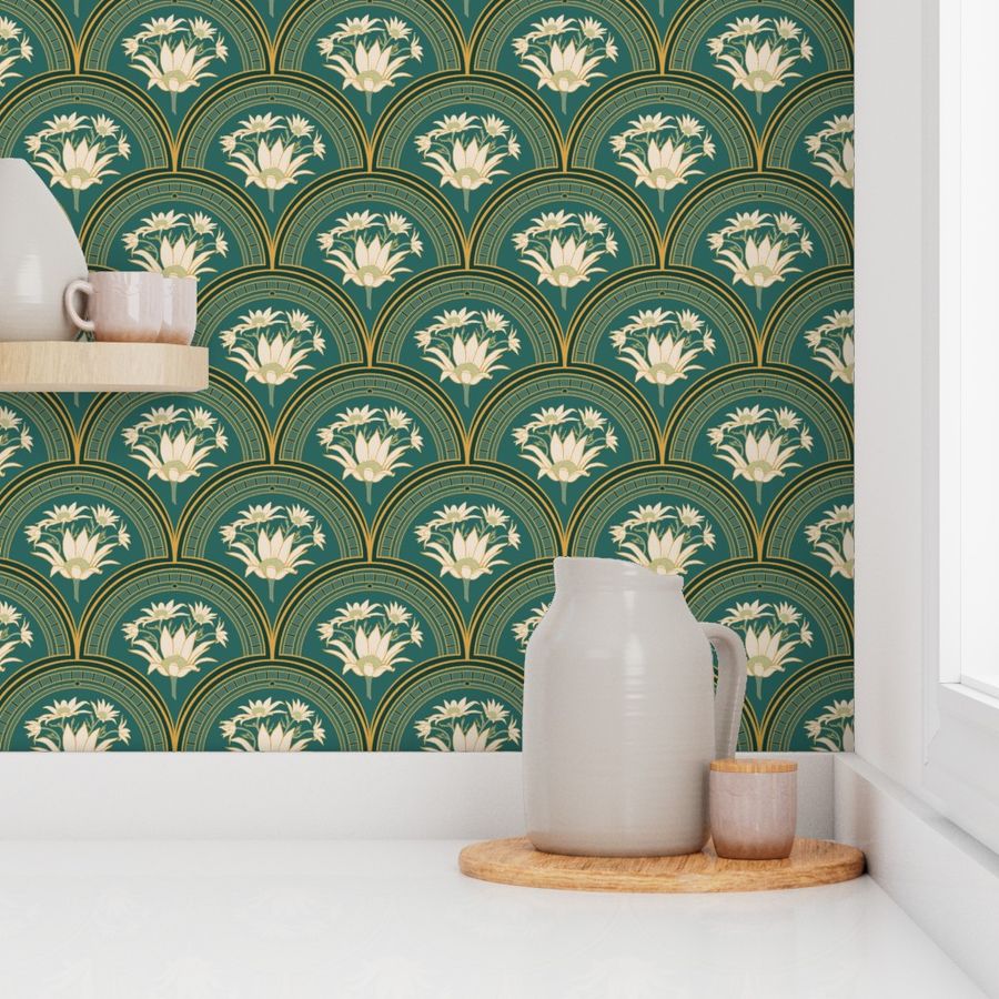 Flannel Flower Fan- Art Nouveau_Green Wallpaper | Spoonflower