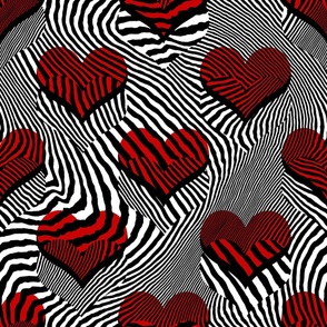 Maximalist Zebra Striped Hearts Motif, Black White and Red (Large Scale)