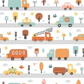 Childish seamless pattern with roads, cars and trees