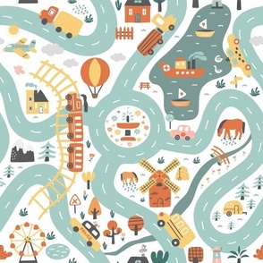 Childish seamless pattern with roads, houses, cars, trees, and animals. 