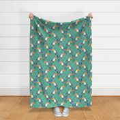 Happy Toucans- Lush Tropical Forest- Exotict Birds- Geometric Tropical Bird- Toucan- Mint Green Background- Orange- Yellow- Blue- Bright Colors- Large