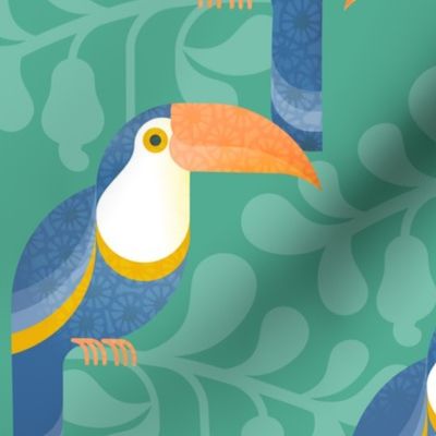 Happy Toucans- Lush Tropical Forest- Exotict Birds- Geometric Tropical Bird- Toucan- Mint Green Background- Orange- Yellow- Blue- Bright Colors- Large