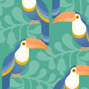 Happy Toucans- Lush Tropical Forest- Exotict Birds- Geometric Tropical Bird- Toucan- Mint Green Background- Orange- Yellow- Blue- Bright Colors- Medium
