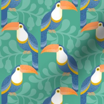 Happy Toucans- Lush Tropical Forest- Exotict Birds- Geometric Tropical Bird- Toucan- Mint Green Background- Orange- Yellow- Blue- Bright Colors- Small