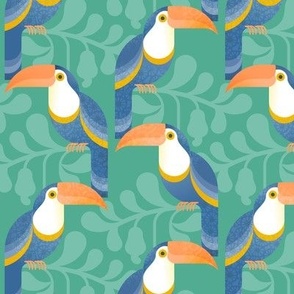 Happy Toucans- Lush Tropical Forest- Exotict Birds- Geometric Tropical Bird- Toucan- Mint Green Background- Orange- Yellow- Blue- Bright Colors- Small