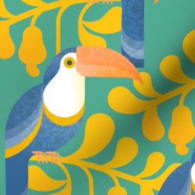 Happy Toucans- Lush Tropical Forest- Exotict Birds- Geometric Tropical Bird- Toucan- Mint Green Background With Yellow Leaves- Orange- Blue- Bright Colors- Large