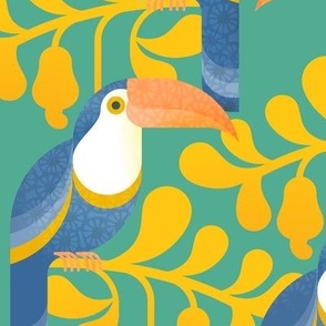 Happy Toucans- Lush Tropical Forest- Exotict Birds- Geometric Tropical Bird- Toucan- Mint Green Background With Yellow Leaves- Orange- Blue- Bright Colors- Large