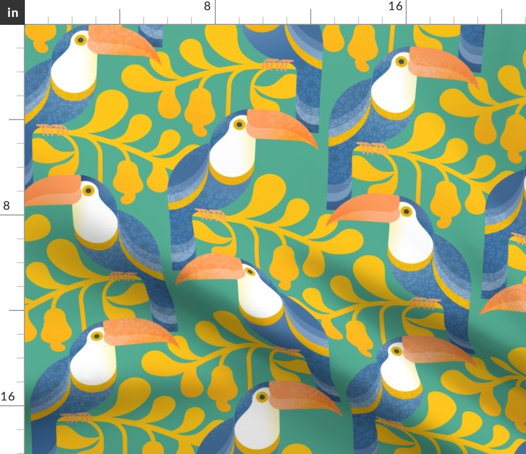 Happy Toucans- Lush Tropical Forest- Exotict Birds- Geometric Tropical Bird- Toucan- Mint Green Background With Yellow Leaves- Orange- Blue- Bright Colors- Large