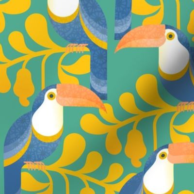 Happy Toucans- Lush Tropical Forest- Exotict Birds- Geometric Tropical Bird- Toucan- Mint Green Background With Yellow Leaves- Orange- Blue- Bright Colors- Medium