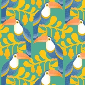 Happy Toucans- Lush Tropical Forest- Exotict Birds- Geometric Tropical Bird- Toucan- Mint Green Background With Yellow Leaves- Orange- Blue- Bright Colors- Small