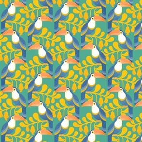 Happy Toucans- Lush Tropical Forest- Exotict Birds- Geometric Tropical Bird- Toucan- Mint Green Background With Yellow Leaves- Orange- Blue- Bright Colors- sMini