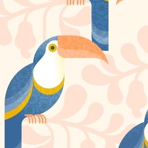 Happy Toucans- Lush Tropical Forest- Exotict Birds- Geometric Tropical Bird- Toucan- Pastel Salmon Background- Soft Orange- Yellow- Blue- Bright Colors- Large