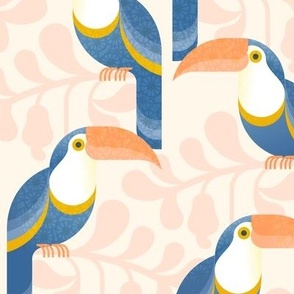 Happy Toucans- Lush Tropical Forest- Exotict Birds- Geometric Tropical Bird- Toucan- Pastel Salmon Background- Soft Orange- Yellow- Blue- Bright Colors- Medium