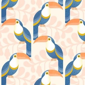 Happy Toucans- Lush Tropical Forest- Exotict Birds- Geometric Tropical Bird- Toucan- Pastel Salmon Background- Soft Orange- Yellow- Blue- Bright Colors- Small