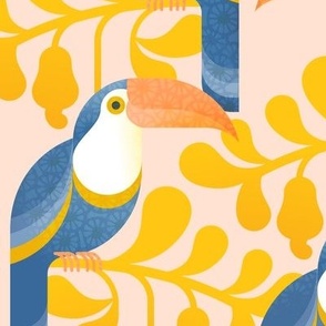 Happy Toucans- Lush Tropical Forest- Exotict Birds- Geometric Tropical Bird- Toucan- Pastel Salmon Background with Yellow Leaves- Soft Orange- Blue- Bright Colors- Large