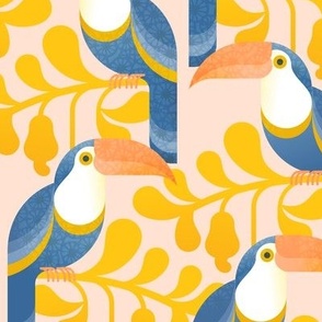 Happy Toucans- Lush Tropical Forest- Exotict Birds- Geometric Tropical Bird- Toucan- Pastel Salmon Background with Yellow Leaves- Soft Orange- Blue- Bright Colors- Medium