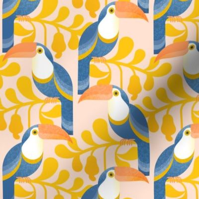 Happy Toucans- Lush Tropical Forest- Exotict Birds- Geometric Tropical Bird- Toucan- Pastel Salmon Background with Yellow Leaves- Soft Orange- Blue- Bright Colors- Small