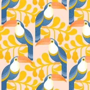 Happy Toucans- Lush Tropical Forest- Exotict Birds- Geometric Tropical Bird- Toucan- Pastel Salmon Background with Yellow Leaves- Soft Orange- Blue- Bright Colors- Small