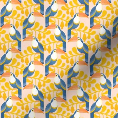 Happy Toucans- Lush Tropical Forest- Exotict Birds- Geometric Tropical Bird- Toucan- Pastel Salmon Background with Yellow Leaves- Soft Orange- Blue- Bright Colors- sMini