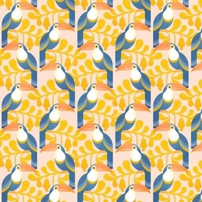 Happy Toucans- Lush Tropical Forest- Exotict Birds- Geometric Tropical Bird- Toucan- Pastel Salmon Background with Yellow Leaves- Soft Orange- Blue- Bright Colors- sMini