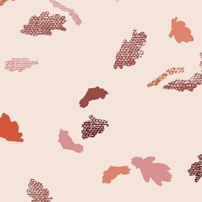 Falling oak leaves textured in red and pink